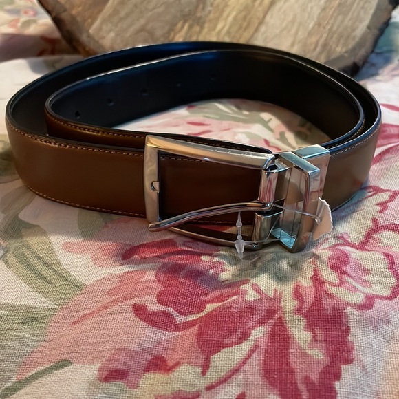 PERRY ELLIS Size W 32-38” Bonded Leather Belt Square Bright Silver Brown $49 NEW - Picture 11 of 13